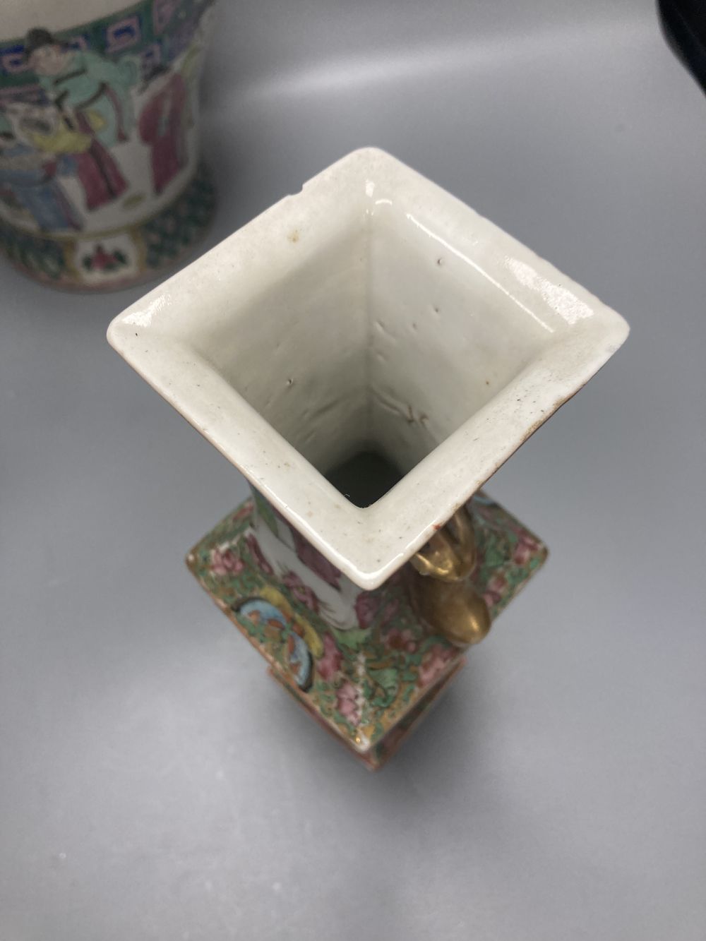Two 19th century Chinese famille rose vases and another vase, tallest 29cm